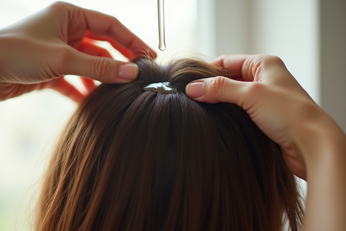 Mains appliquant un serum capillaire sur cheveux fonces