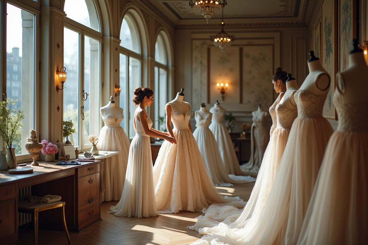 Atelier de mode vintage parisien avec couturières au travail