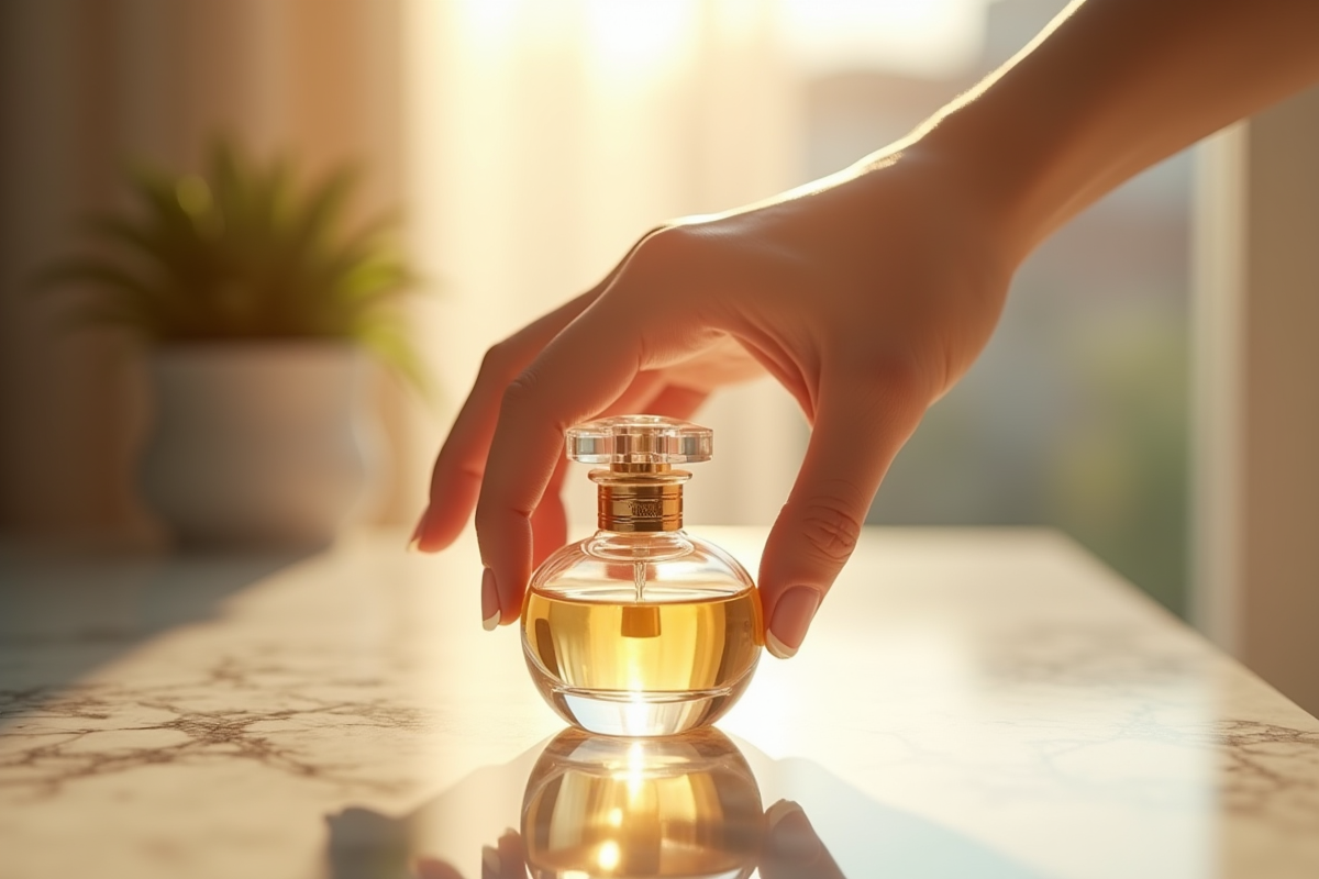 Main raffinée atteignant une bouteille de parfum élégante sur un marbre lumineux
