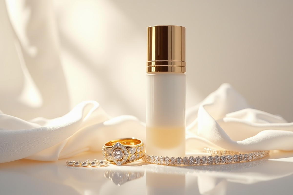 Bouteille de soin haut de gamme entourée de soie blanche et bijoux