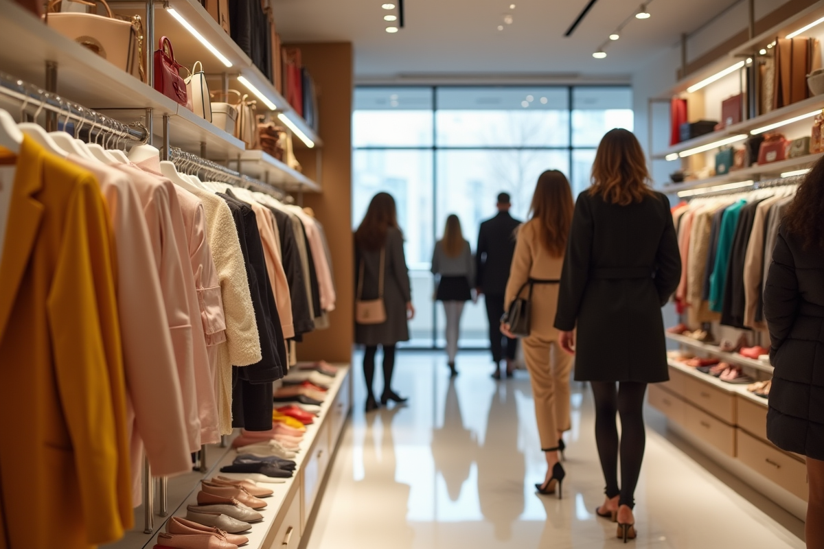 Acheteurs élégants dans une boutique de luxe avec accessoires