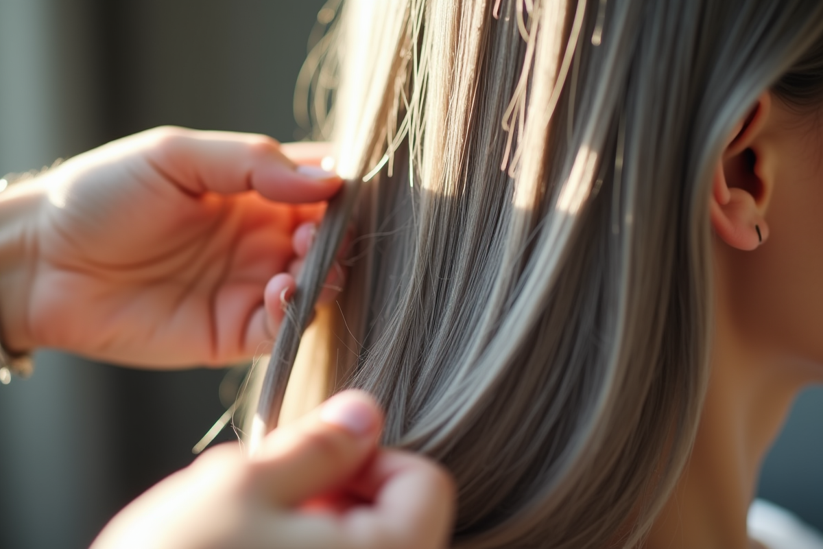 Mains expertes coiffant des cheveux gris brillants sous la lumière naturelle
