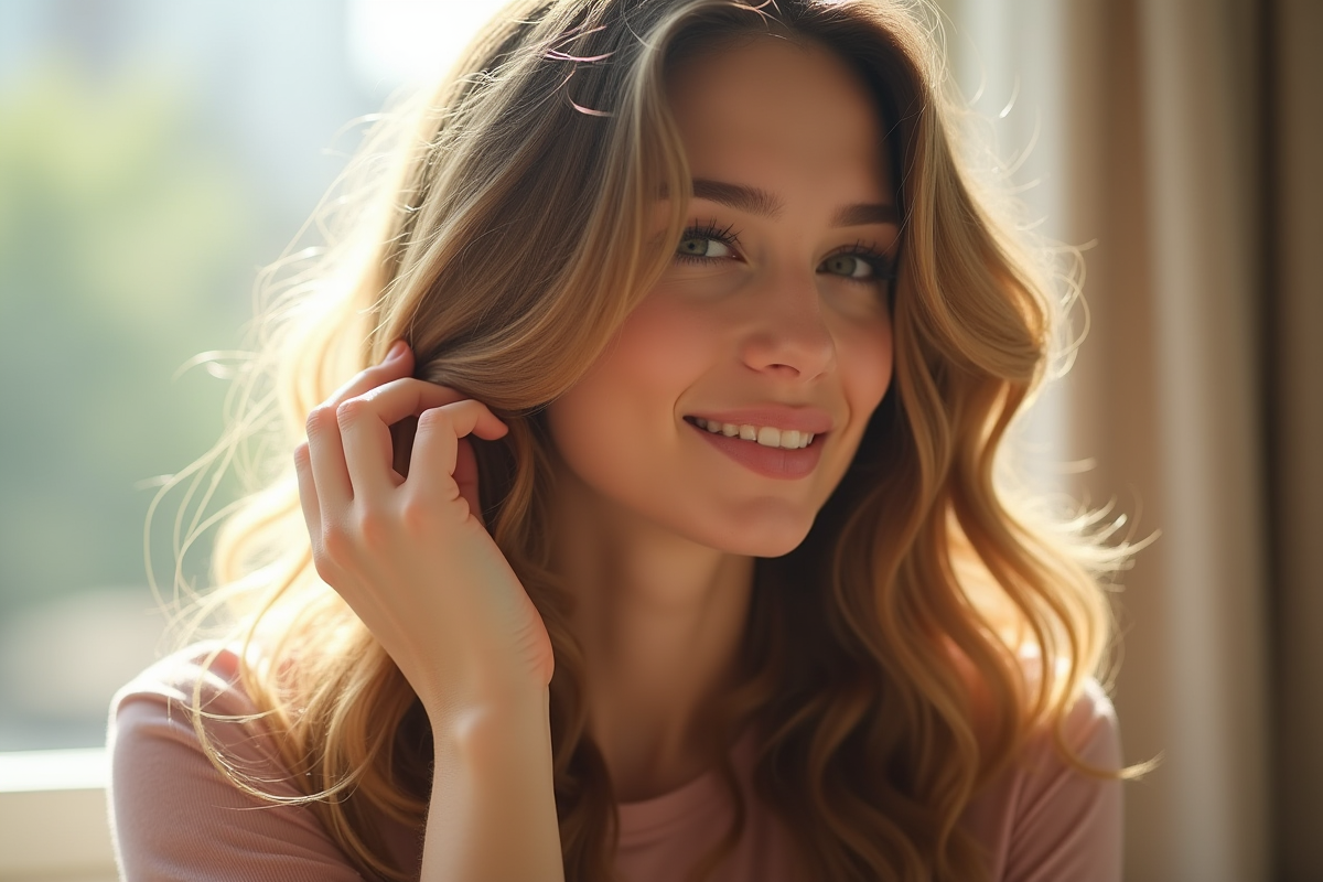 Jeune femme aux cheveux ondules au matin près d