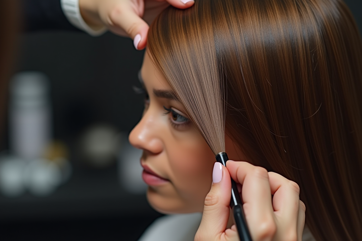 Coiffeur appliquant une coloration naturelle sur une cliente aux cheveux mi-longs