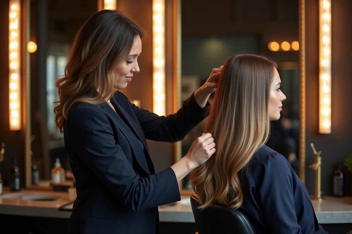 Coiffeuse experte présentant un résultat balayage haut de gamme après une formation colorimétrie avancée en salon élégant