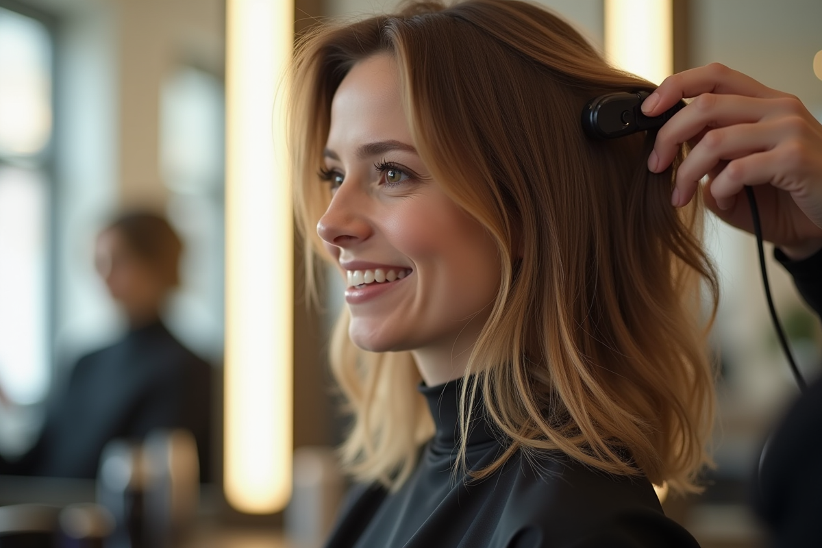 Femme souriante recevant une coupe en salon lumineux