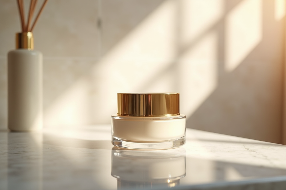 Crème de luxe sur une vanité en marbre avec lumière naturelle