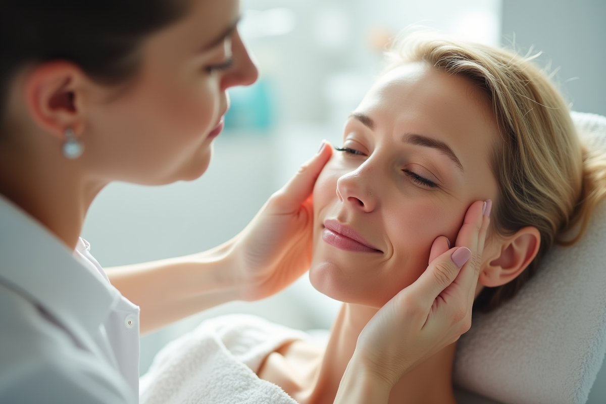 Dermatologue effectuant un massage facial sur une femme mature