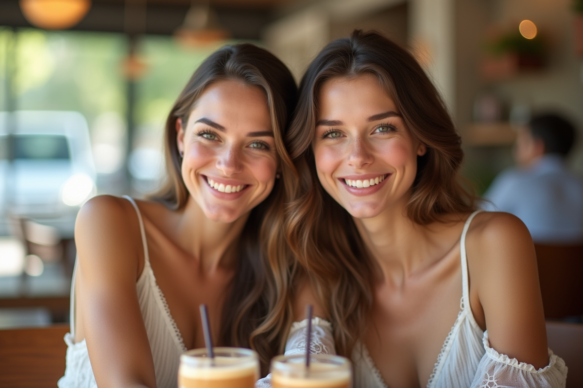 Deux femmes souriantes dans un café lumineux et ensoleille
