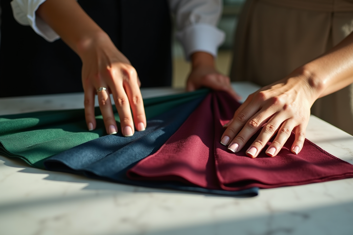 Mains élégantes choisissant échantillons de tissus colorés