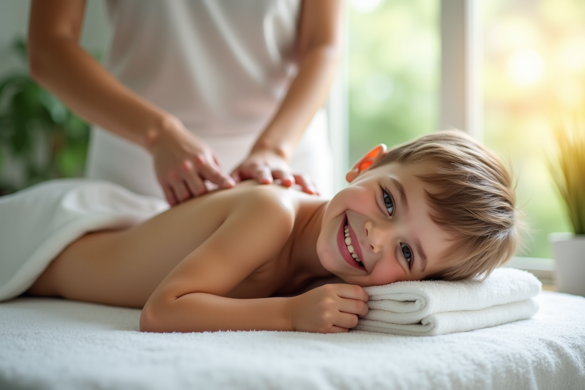 Jeune enfant souriant recevant un massage dans un cadre naturel
