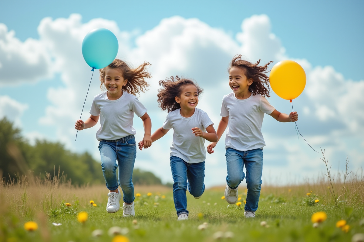 Trois enfants riant en courant dans un parc avec des ballons colorés