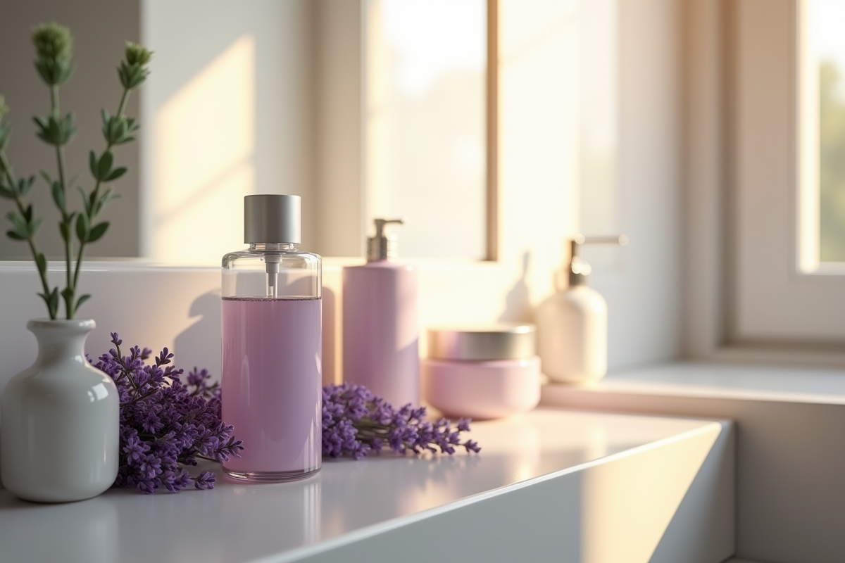 Etagère de salle de bain avec huile essentielle lavande