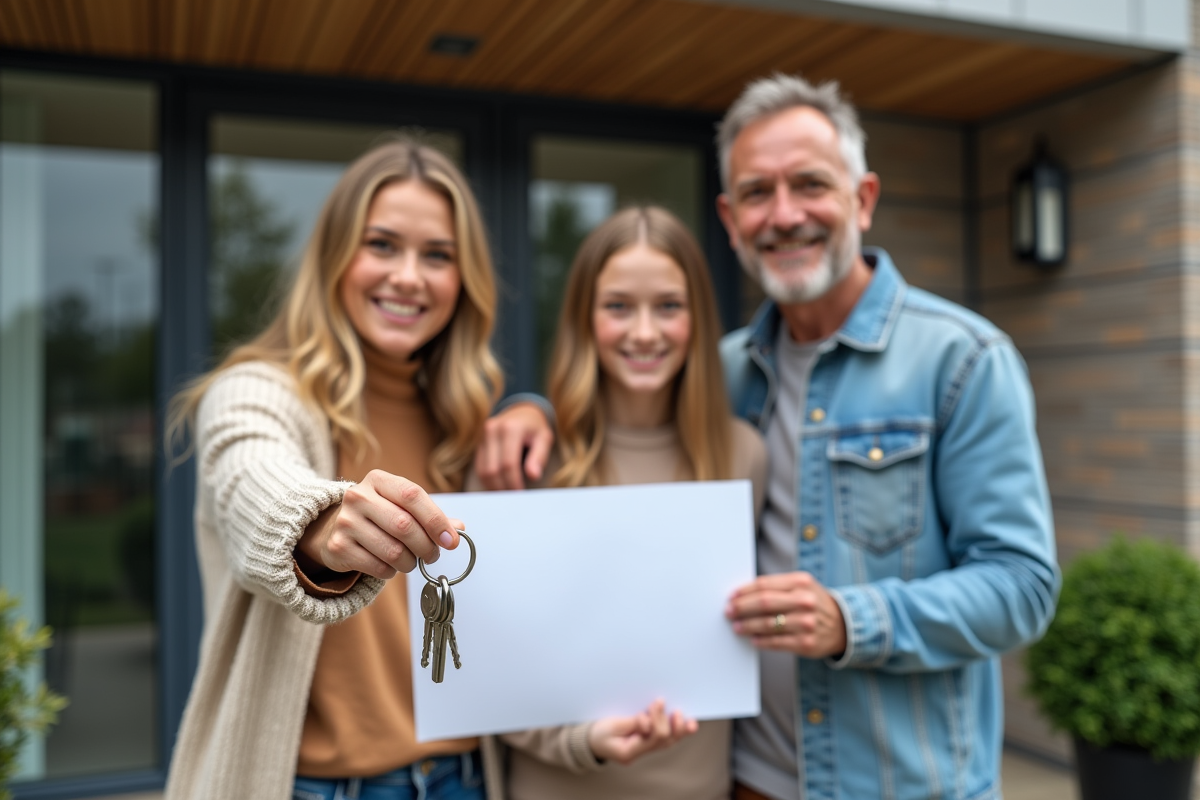 Famille heureuse avec clés devant leur appartement