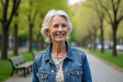 Femme élégante de 70 ans en jean bleu dans un parc printanier