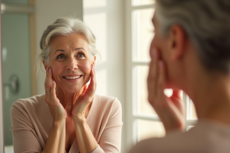 Femme agee appliquant une creme visage au miroir