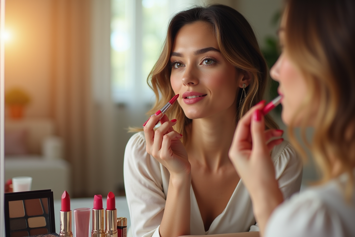 Femme confiante appliquant un rouge à lèvres vif devant un miroir