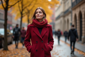 Femme élégante en manteau rouge dans la ville automnale