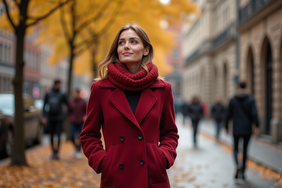 Femme élégante en manteau rouge dans la ville automnale