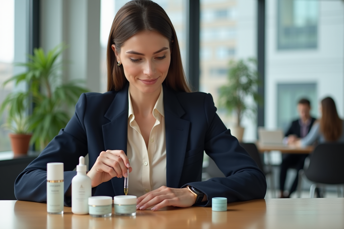 Femme professionnelle examine des produits de soin visage