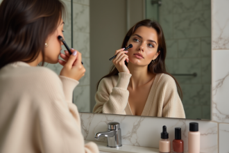 Jeune femme en beige se maquillant dans le miroir