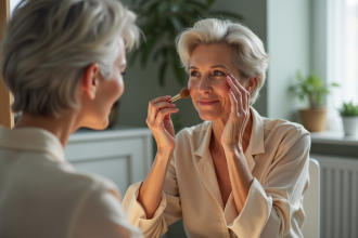 Femme d'âge moyen se maquillant dans un miroir rond