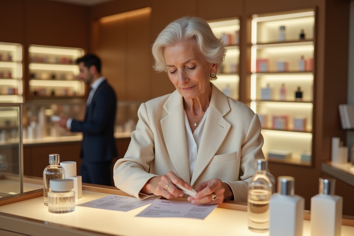 Femme testant des échantillons de parfum en boutique