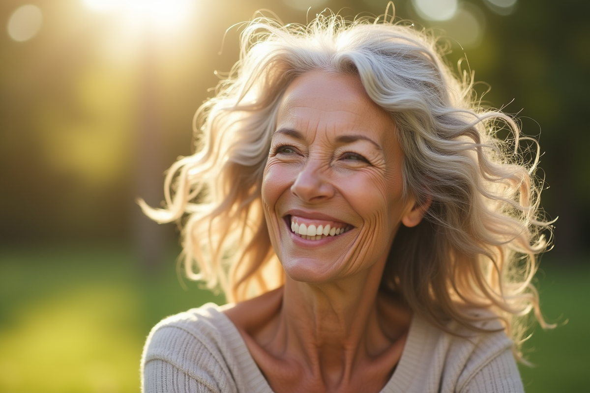 Femme souriante avec cheveux volumineux et brillants en extérieur