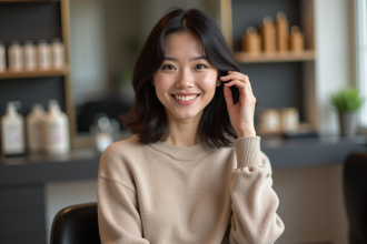 Femme souriante avec cheveux sains dans un salon de coiffure