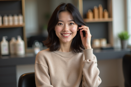 Femme souriante avec cheveux sains dans un salon de coiffure