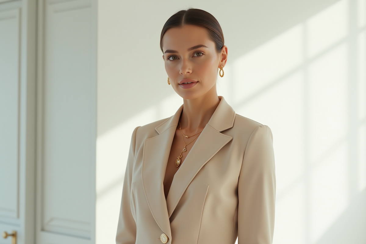 Femme confiante en tailleur beige devant mur blanc