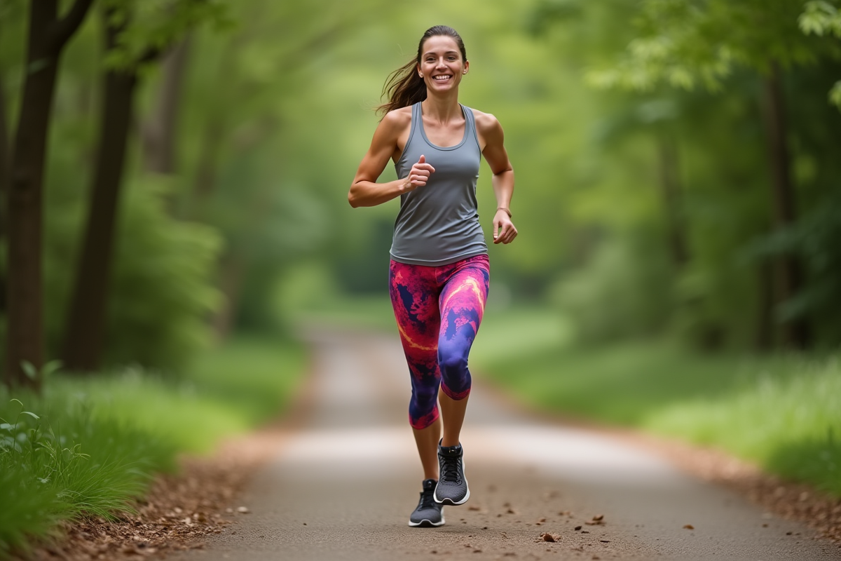 Femme sportive courant en forêt avec leggings colorés