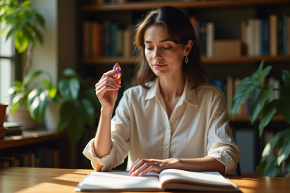 Femme examinant un gemstone dans un bureau lumineux