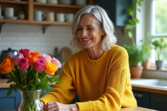 Femme souriante arrangeant des fleurs dans un vase dans la cuisine