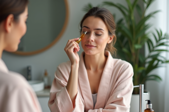 Femme appliquant une huile visage avec douceur