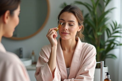 Femme appliquant une huile visage avec douceur