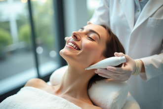 Femme souriante recevant un soin hydrafacial dans un centre moderne