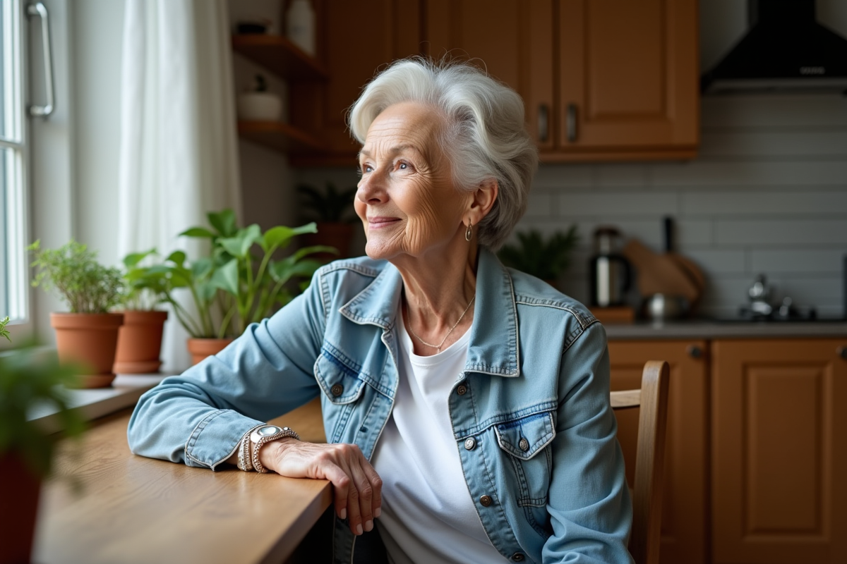 Femme dans sa cuisine en jean blanc et T-shirt blanc