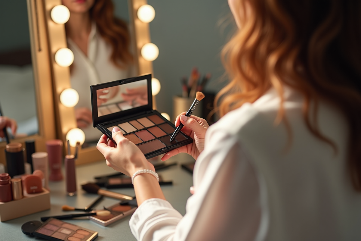 Femme tenant palette maquillage devant miroir lumineux