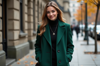 Femme élégante en manteau vert en ville en automne