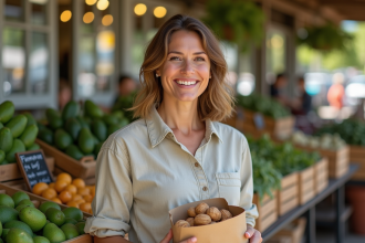 Femme souriante dans un marché bio avec légumes frais