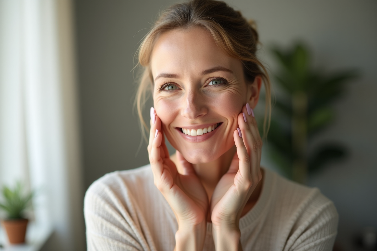 Femme d'âge moyen se massant le visage avec douceur