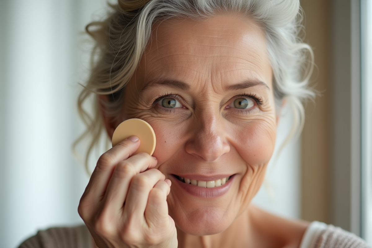 Femme mature appliquant du fond de teint naturel visage