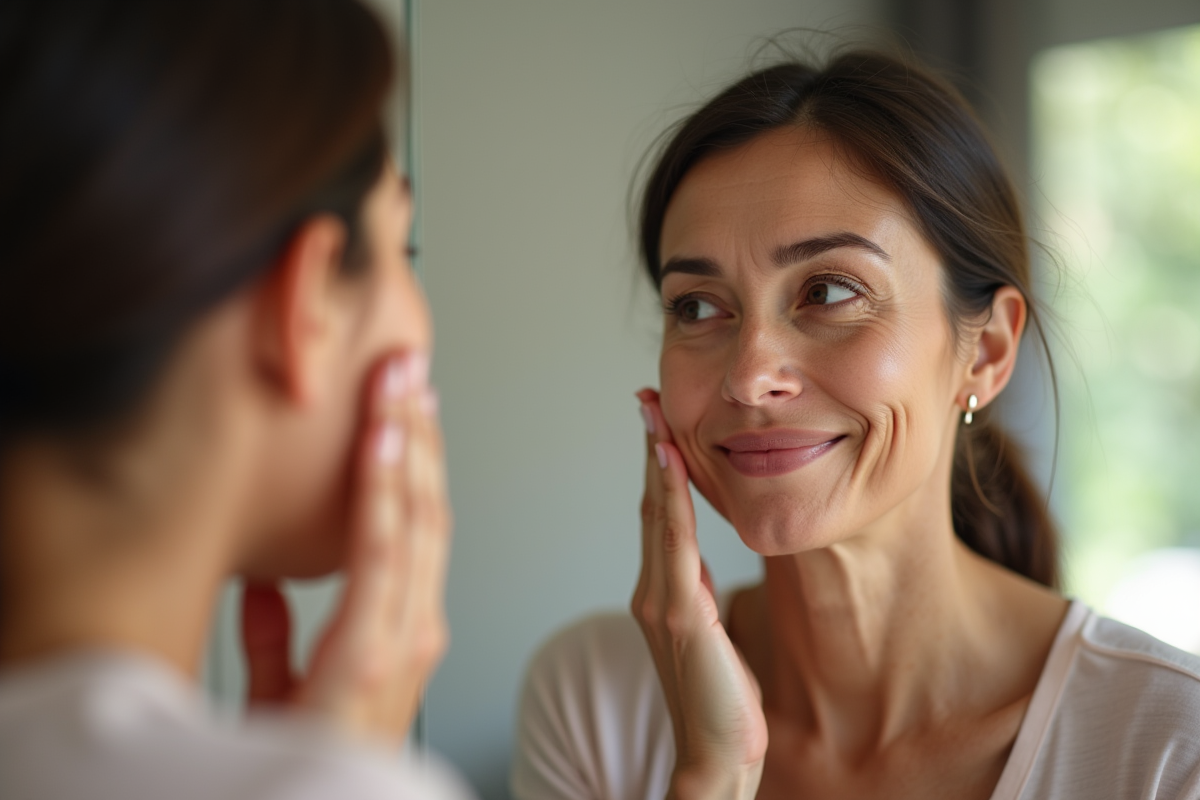 Femme d'âge moyen regardant son visage dans un miroir naturel