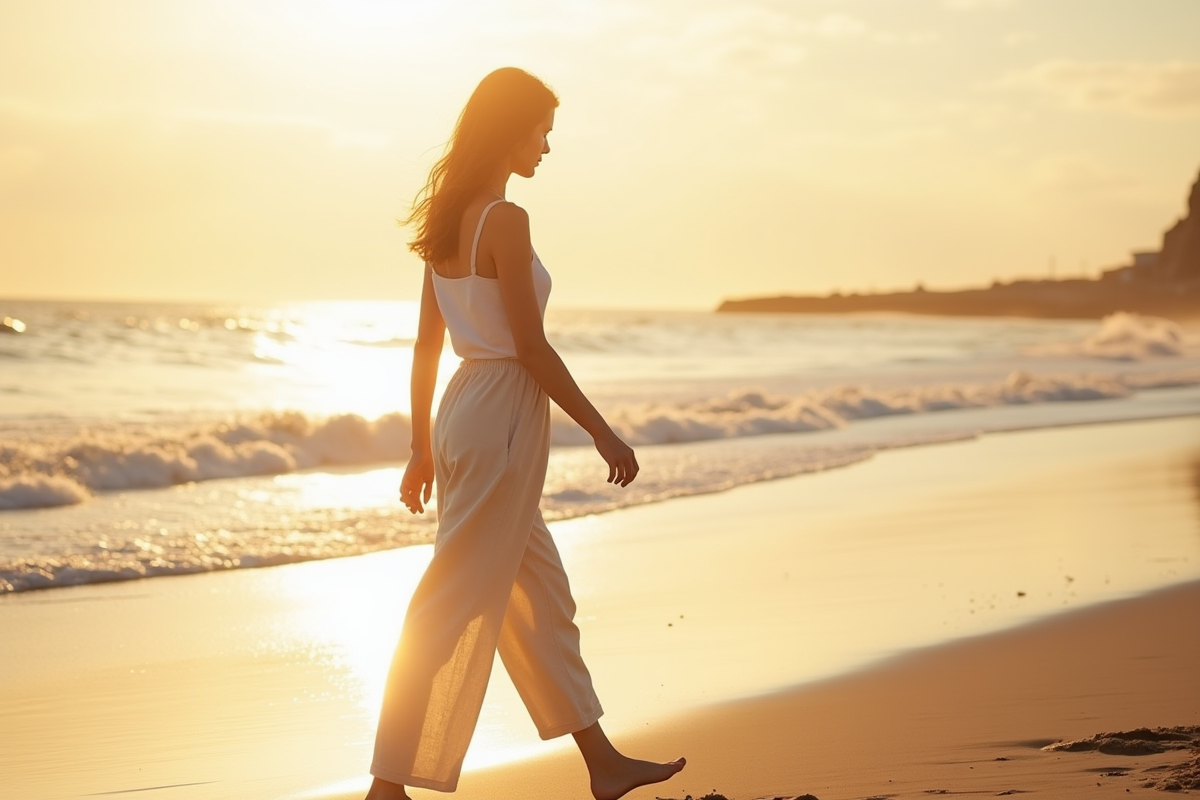 Jeune femme marchant sur la plage en lin blanc