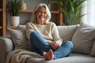 Femme souriante se relaxant en massant ses pieds dans un salon cosy
