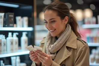 Femme examinant des échantillons cosmétiques en magasin