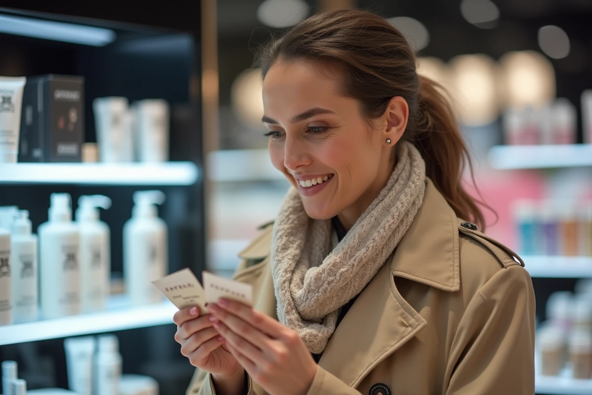 Femme examinant des échantillons cosmétiques en magasin