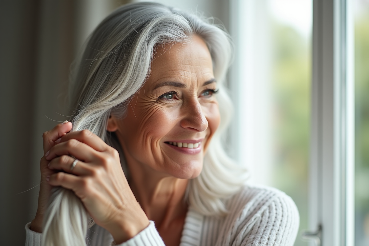 Femme senior aux cheveux gris élégants souriant devant une fenêtre
