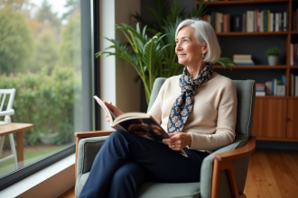 Femme senior élégante assise près d'une fenêtre lumineuse